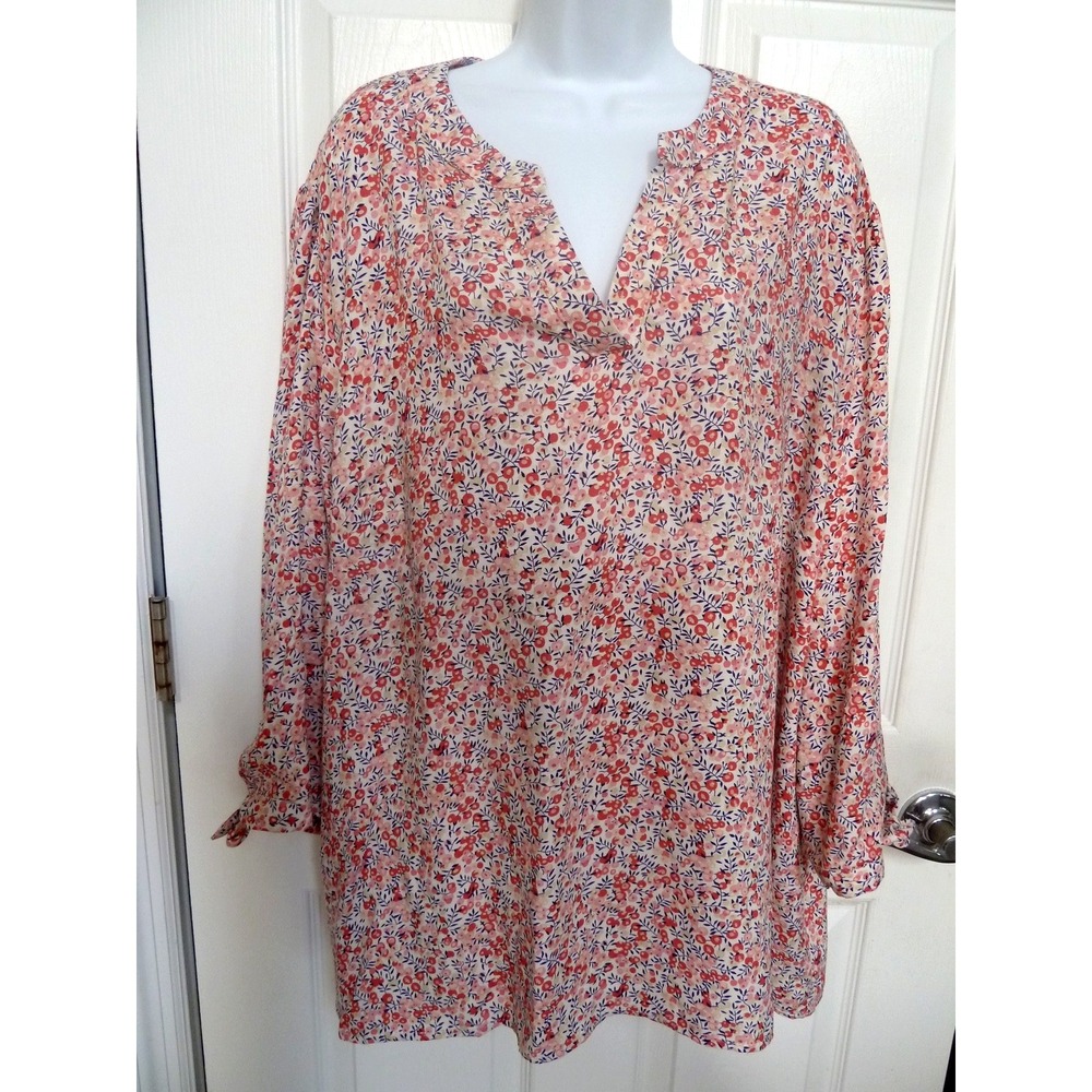 Jones New York Plus Sz 3X Rayon Tie Sleeve Floral Popover Blouse Red Blue